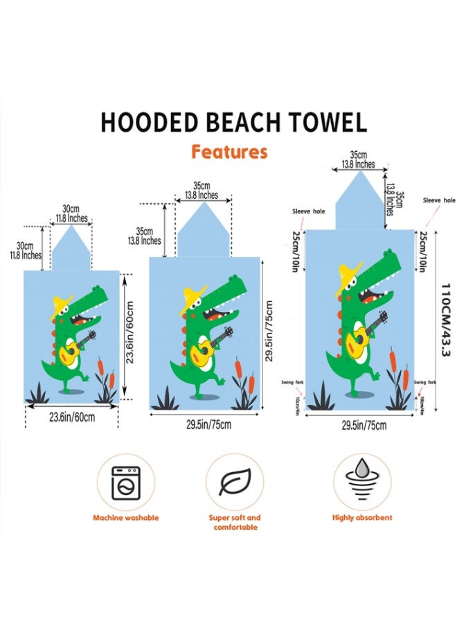 Kids Hooded Beach Poncho Towel, Quick-Dry Absorbent with Crocodile Ukulele Print, Light Blue - Image 2