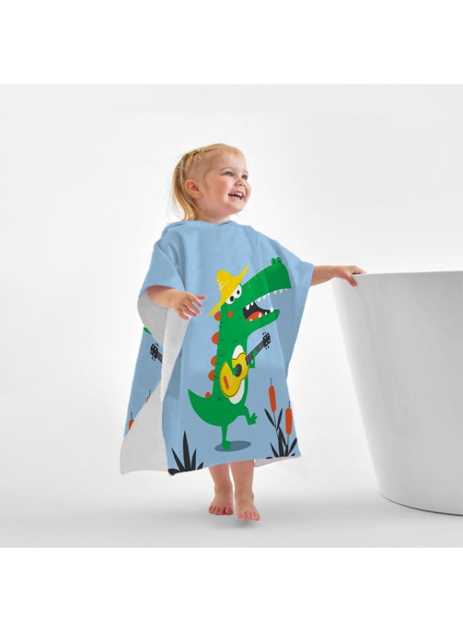 Kids Hooded Beach Poncho Towel, Quick-Dry Absorbent with Crocodile Ukulele Print, Light Blue - Image 4
