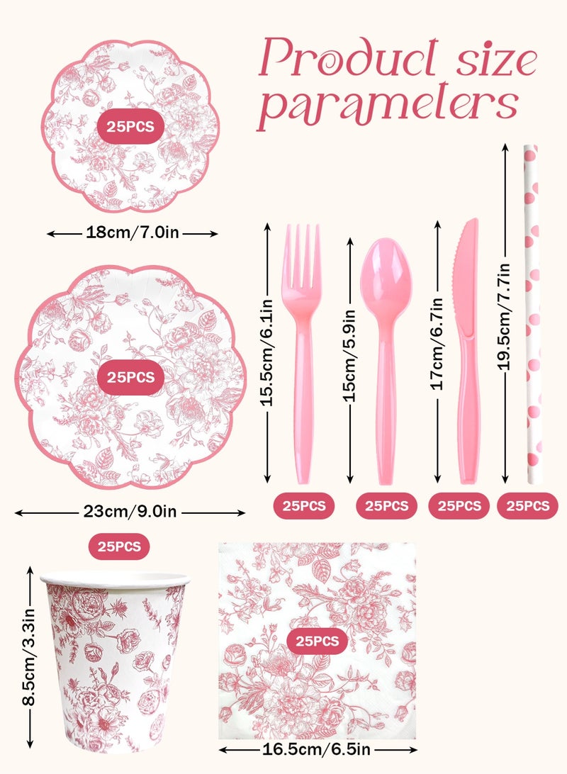 HomarKet 200PCS Disposable Dinnerware Set,25 Guest Party Supplies Dinner Set Include Paper Plates Napkin Cup Straw Plastic Spoon Fork Knive for Baby Shower,Wedding,Birthday (Flower) - Image 2