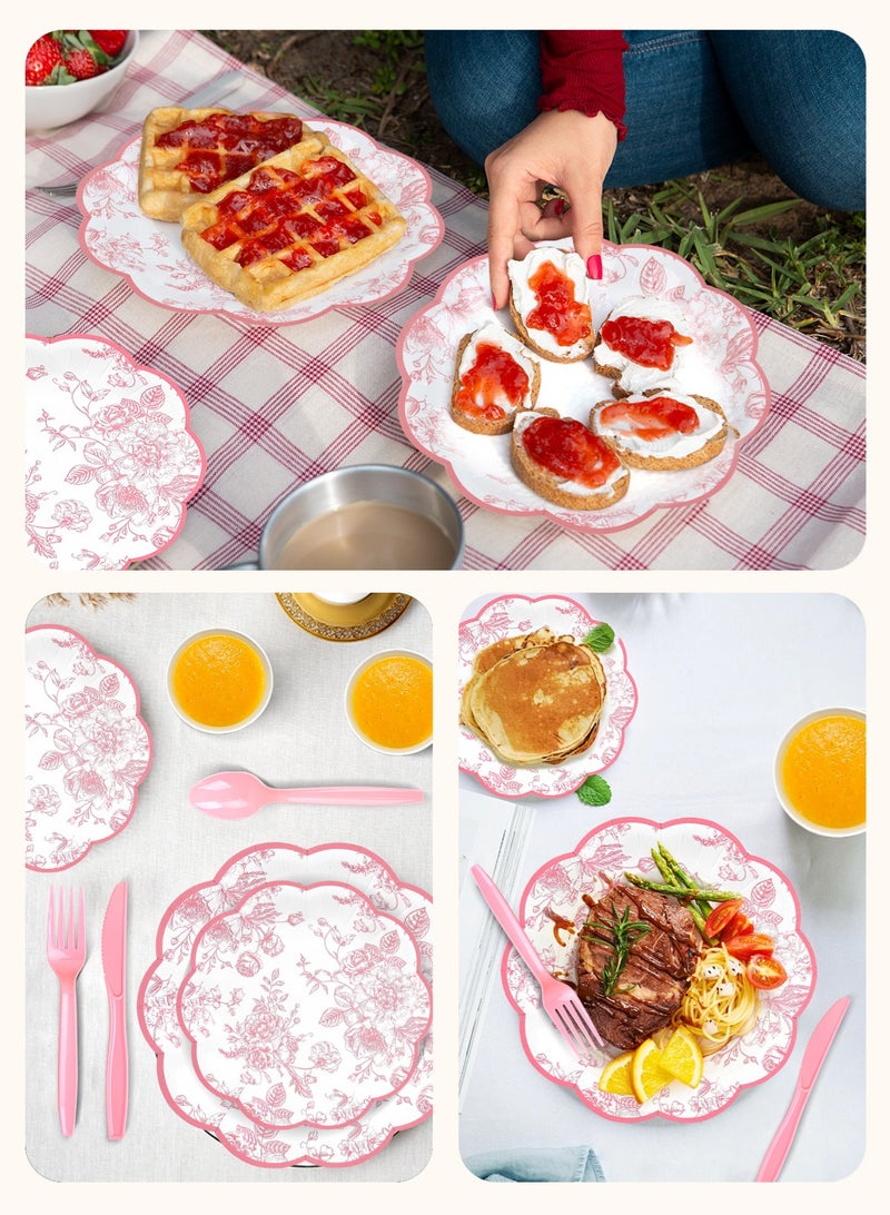 HomarKet 200PCS Disposable Dinnerware Set,25 Guest Party Supplies Dinner Set Include Paper Plates Napkin Cup Straw Plastic Spoon Fork Knive for Baby Shower,Wedding,Birthday (Flower) - Image 5
