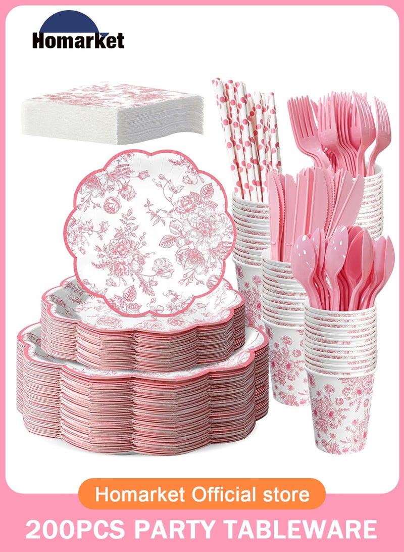 HomarKet 200PCS Disposable Dinnerware Set,25 Guest Party Supplies Dinner Set Include Paper Plates Napkin Cup Straw Plastic Spoon Fork Knive for Baby Shower,Wedding,Birthday (Flower) - Image 1