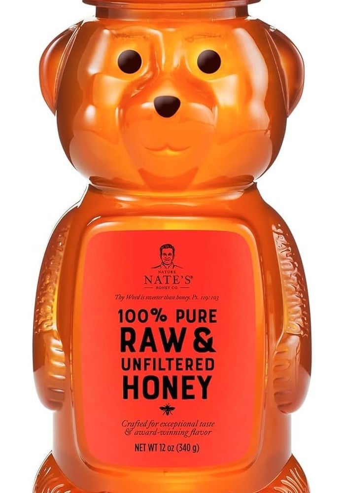 Nature Nate's 100% Pure Raw & Unfiltered Honey - 12 oz Bear Squeeze Bottle - Image 1