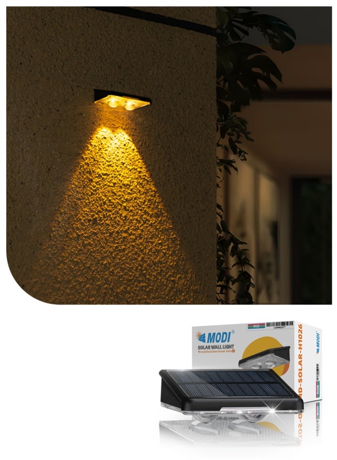 MODI 3000K Warm White Solar Wall Light – 2W LED Dual-Beam Outdoor Light | IP65 Waterproof | 10-Hour Runtime | Auto-On Sensor | Easy Wall Installation - Image 1