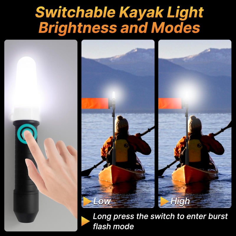 Viswiker 360 Degree Kayak LED Lights with Retractable Pole and Orange Visibility Flag, Waterproof Navigation LED Light for Night Kayaking Fishing Paddling, Kayak Accessories - Image 2