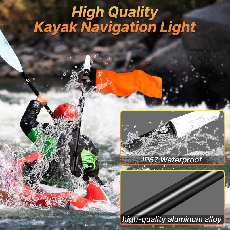 Viswiker 360 Degree Kayak LED Lights with Retractable Pole and Orange Visibility Flag, Waterproof Navigation LED Light for Night Kayaking Fishing Paddling, Kayak Accessories - Image 3