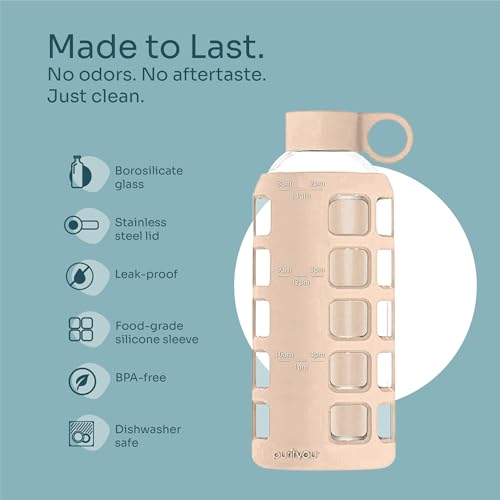 purifyou 40oz / 32oz / 22oz / 12oz Borosilicate Glass Water Bottle with Time & Volume Markers, Silicone Sleeve, Stainless Steel Lid | Reusable Glass Bottle for Water & Juice (22oz Hazelnut) - Image 4