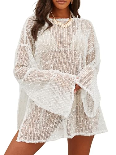 Lilosy Sexy Crochet Sheer Kaftan Caftan Beach Dress Bathing Suit Swim Coverup Summer Vacation Outfits One Piece Women Knit See Through Swimsuit Bikini Swimwear White Small - Image 1