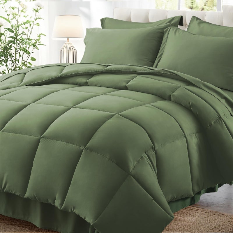 Zzlpp Queen Comforter Set 7 Pieces, Olive Green Bed in a Bag Bedding Set with 1 Comforter, 2 Pillow Shams, 2 Pillowcases, 1 Flat Sheet,1 Fitted Sheet with Pockets - Image 1