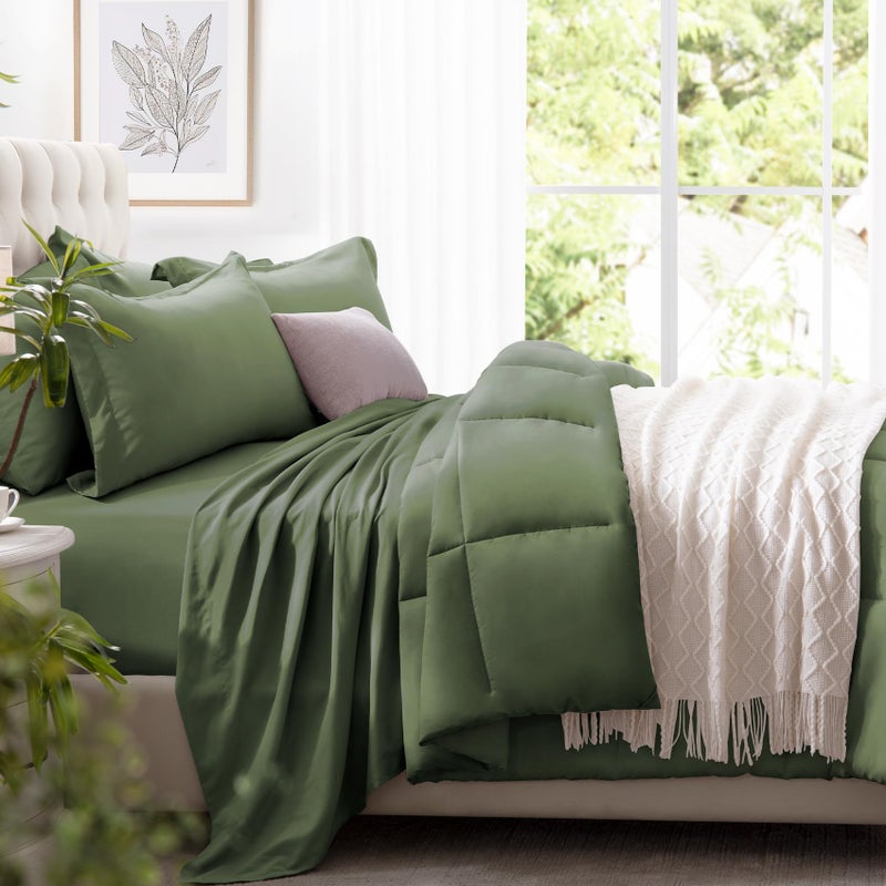 Zzlpp Queen Comforter Set 7 Pieces, Olive Green Bed in a Bag Bedding Set with 1 Comforter, 2 Pillow Shams, 2 Pillowcases, 1 Flat Sheet,1 Fitted Sheet with Pockets - Image 2