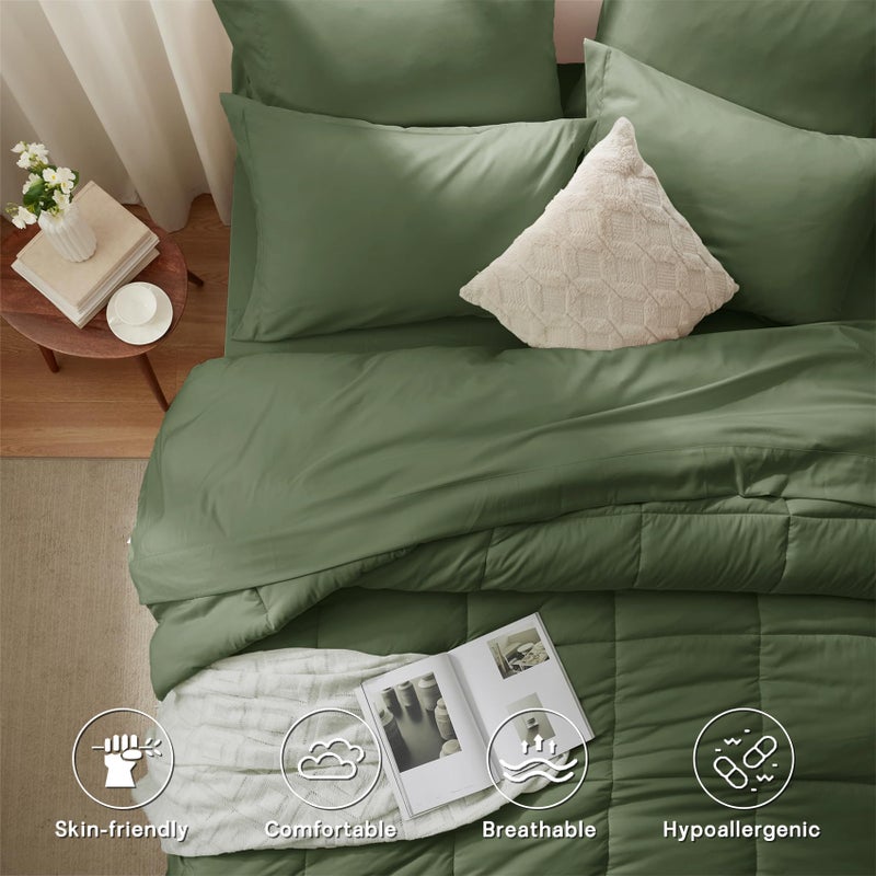 Zzlpp Queen Comforter Set 7 Pieces, Olive Green Bed in a Bag Bedding Set with 1 Comforter, 2 Pillow Shams, 2 Pillowcases, 1 Flat Sheet,1 Fitted Sheet with Pockets - Image 5