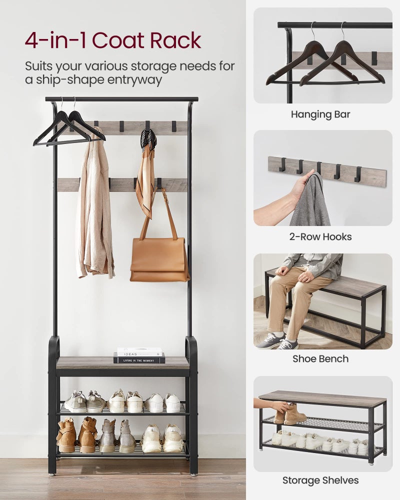 VASAGLE Coat Rack, Hall Tree with Shoe Bench for Entryway, Entryway Bench with Coat Rack, 4-in-1, with 9 Removable Hooks, a Hanging Rod, 13.3 x 28.3 x 72.1 Inches, Greige and Black UHSR40MB - Image 3