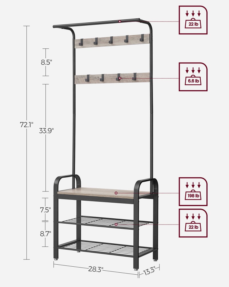 VASAGLE Coat Rack, Hall Tree with Shoe Bench for Entryway, Entryway Bench with Coat Rack, 4-in-1, with 9 Removable Hooks, a Hanging Rod, 13.3 x 28.3 x 72.1 Inches, Greige and Black UHSR40MB - Image 5