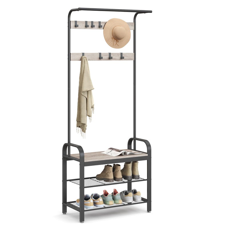 VASAGLE Coat Rack, Hall Tree with Shoe Bench for Entryway, Entryway Bench with Coat Rack, 4-in-1, with 9 Removable Hooks, a Hanging Rod, 13.3 x 28.3 x 72.1 Inches, Greige and Black UHSR40MB - Image 1