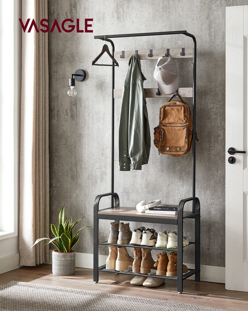 VASAGLE Coat Rack, Hall Tree with Shoe Bench for Entryway, Entryway Bench with Coat Rack, 4-in-1, with 9 Removable Hooks, a Hanging Rod, 13.3 x 28.3 x 72.1 Inches, Greige and Black UHSR40MB - Image 2