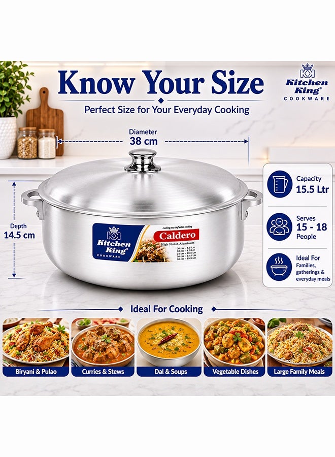 Kitchen King Caldero Aluminium Cooking Pot with Lid 38 cm (15.5 Ltr), Heavy-Duty Wide Base, Shallow Casserole for Biryani, Rice, Curry & Stews, Even Heat Distribution, Dishwasher Safe, Silver - Image 3