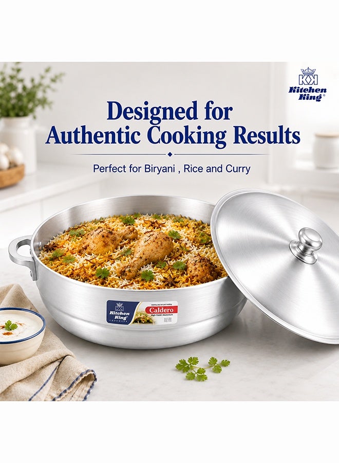 Kitchen King Caldero Aluminium Cooking Pot with Lid 38 cm (15.5 Ltr), Heavy-Duty Wide Base, Shallow Casserole for Biryani, Rice, Curry & Stews, Even Heat Distribution, Dishwasher Safe, Silver - Image 4
