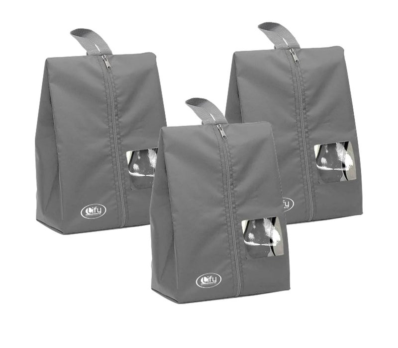 Lify حقائب أحذية السفر مع رؤية حقائب أحذية مقاومة للماء، حقائب تنظيم أحذية السفر المحمولة من النايلون مع سحاب للنساء والرجال (رمادي - 3 قطع) - Image 1