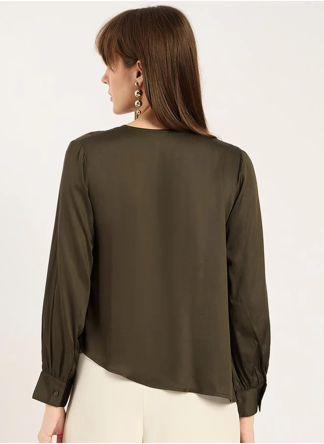 Femmella Satin Cowl Neck Asymmetrical Hem Top