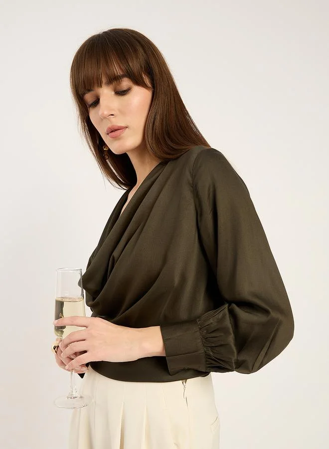 فيميلا Satin Cowl Neck Asymmetrical Hem Top by Styli