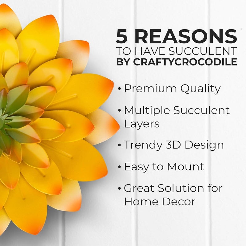 Everydecor Succulent Metal Flowers Wall Decor – Yellow, Hand Painted, 3D Flower Art Decoration for Living Room, Bedroom, Kitchen, Bathroom - Floral Decor for Indoor & Outdoor Use - Image 3