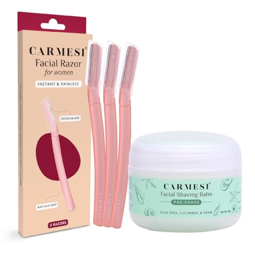 Carmesi Face Shaving Kit | 3 Reusable Face Razors & 1 Pre + Post-Shave Facial Shaving Balm | Instant & Painless Hair Removal | Cooling Effect | No Razor Burns - Image 1