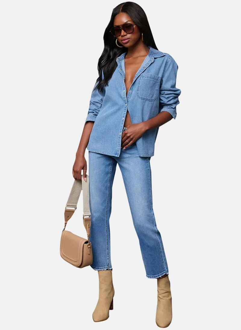 YUNIQEE Blue Regular Fit Spread Collar Long Sleeves Shirts