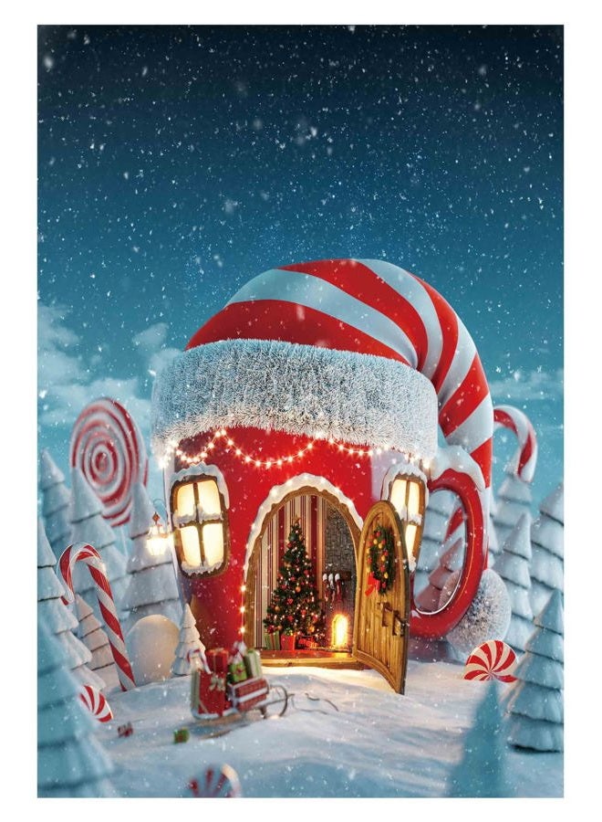 Funnytree 5x7ft Christmas Candy Cup House Photography Backdrop Snow Pine Tree Red and White Stripes Background Children Newborn Baby Portrait Photo Studio Photobooth Props - Image 1