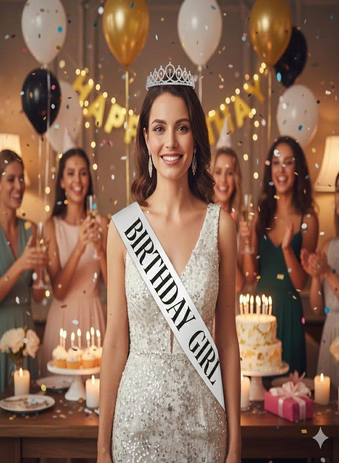 Bakers Brisk أحدث وشاح وتاج أنيق لعيد ميلاد الفتاة - عبوة من قطعتين لتزيين عيد ميلاد الفتيات (ساتان أبيض) - Image 2