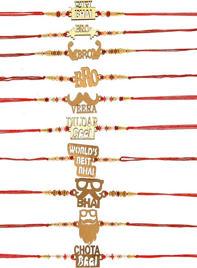 Bindian Wooden BRO Fancy Rakhi (Set of 9) - Pyara Bhai, Bro, Veera Designs with Red Thread & Wooden Designs - Raksha Bandhan Gift Rakhi for Bhaiya, Bhabhi, Sibling - Indian Festival Rakhi Set - Image 1