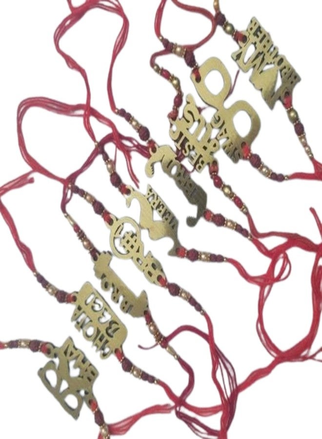 Bindian Wooden BRO Fancy Rakhi (Set of 9) - Pyara Bhai, Bro, Veera Designs with Red Thread & Wooden Designs - Raksha Bandhan Gift Rakhi for Bhaiya, Bhabhi, Sibling - Indian Festival Rakhi Set - Image 3