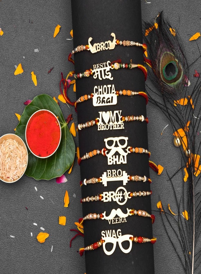Bindian Wooden BRO Fancy Rakhi (Set of 9) - Pyara Bhai, Bro, Veera Designs with Red Thread & Wooden Designs - Raksha Bandhan Gift Rakhi for Bhaiya, Bhabhi, Sibling - Indian Festival Rakhi Set - Image 2