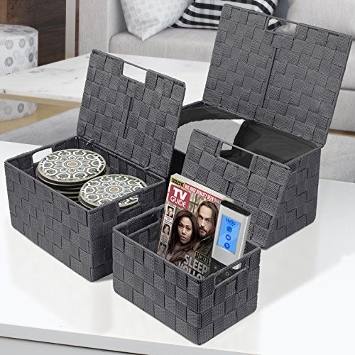 Sorbus Set of 3 HandWoven Storage Baskets with Lids Mesh Organizers for Linen Closet Shelves or Home Storage Variety Pack Gray - Image 3