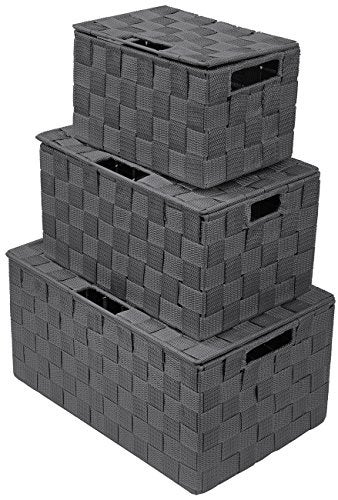 Sorbus Set of 3 HandWoven Storage Baskets with Lids Mesh Organizers for Linen Closet Shelves or Home Storage Variety Pack Gray - Image 1