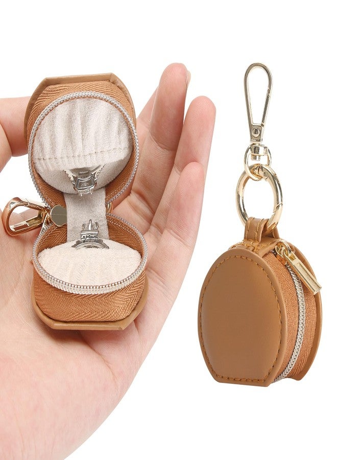 KUKUVR Jewelry Ring Holder Storage Box with Keychain, Portable Gym Jewelry Storage Case, Small Travel Ring Earring Stud Necklace Storage Case for Women Girl (Brown) - Image 1