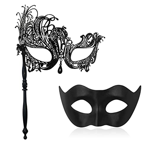 IncreDecor Couple Masquerade Mask with Holding Stick Venetian Metal Masks Halloween Mardi Gras Costume Mask for Women and Men (AB) - Image 1