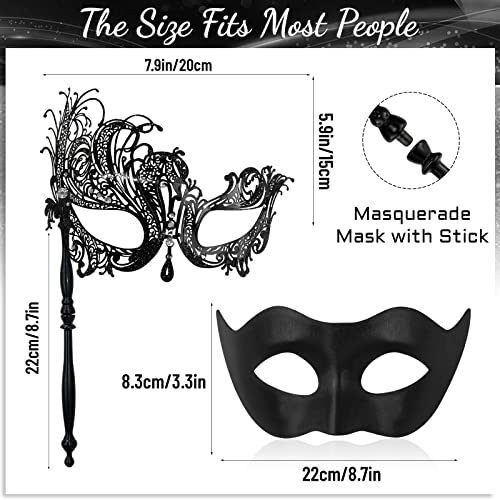 IncreDecor Couple Masquerade Mask with Holding Stick Venetian Metal Masks Halloween Mardi Gras Costume Mask for Women and Men (AB) - Image 2