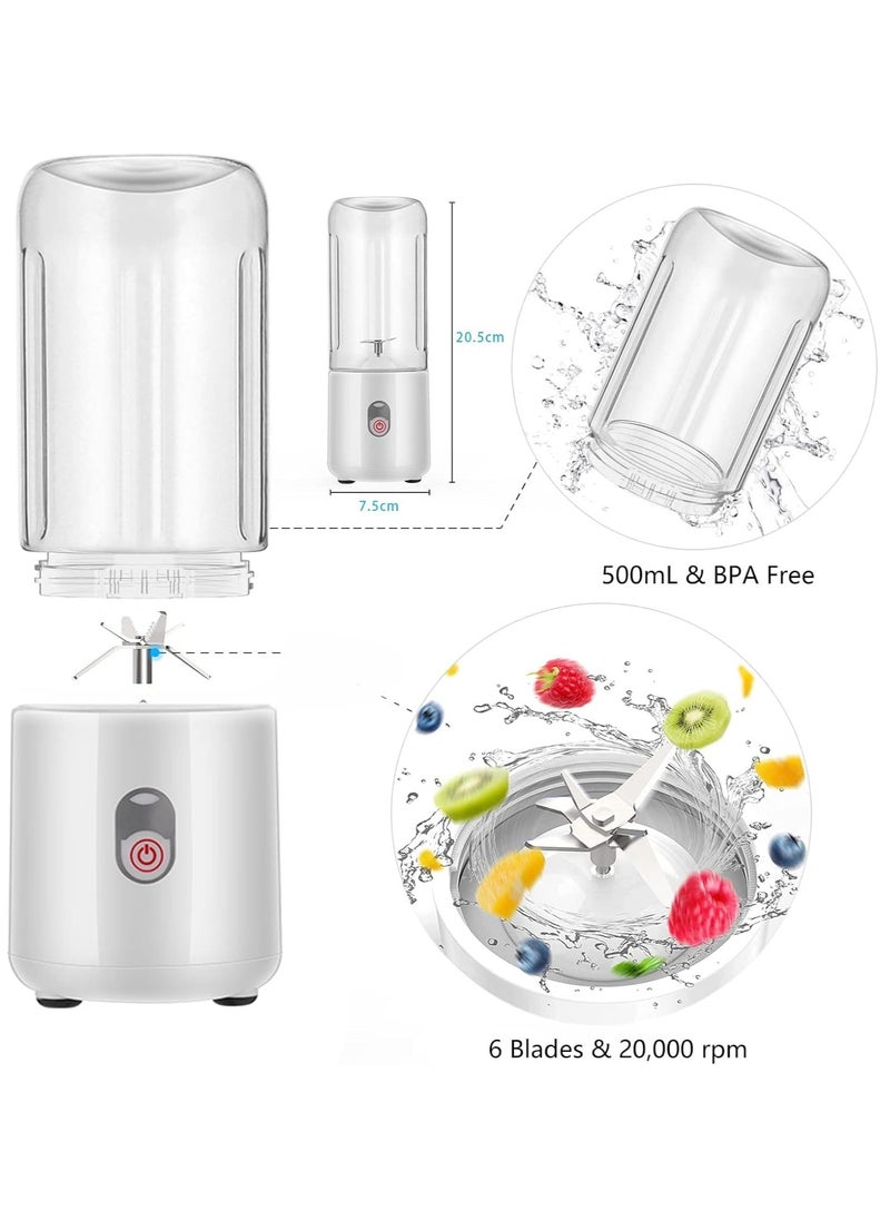 Mini Blender, Rechargeable Blender with 6 Blades, Portable Smoothie Mixer for Home Office Gym (White)