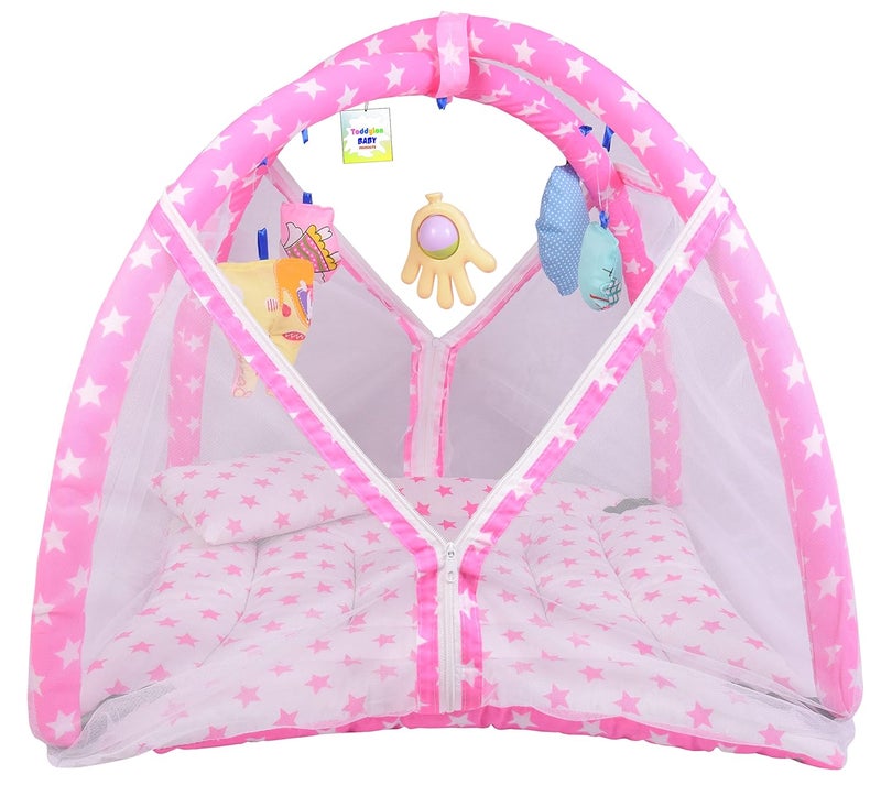Toddylon Flat Bed Baby Play Gym New Born Baby Bedding | Mat with Hanging Toys | Mattress with Mosquito Net | Cotton Playing Mat | Playmats & Floor Gyms (0-6 Months) - Image 1
