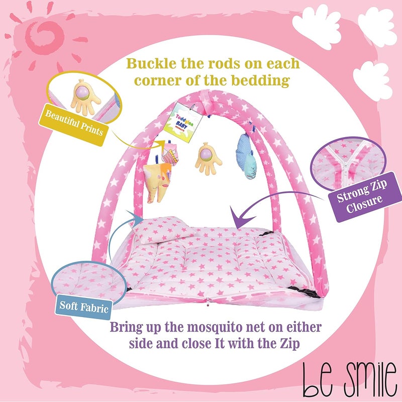 Toddylon Flat Bed Baby Play Gym New Born Baby Bedding | Mat with Hanging Toys | Mattress with Mosquito Net | Cotton Playing Mat | Playmats & Floor Gyms (0-6 Months) - Image 4