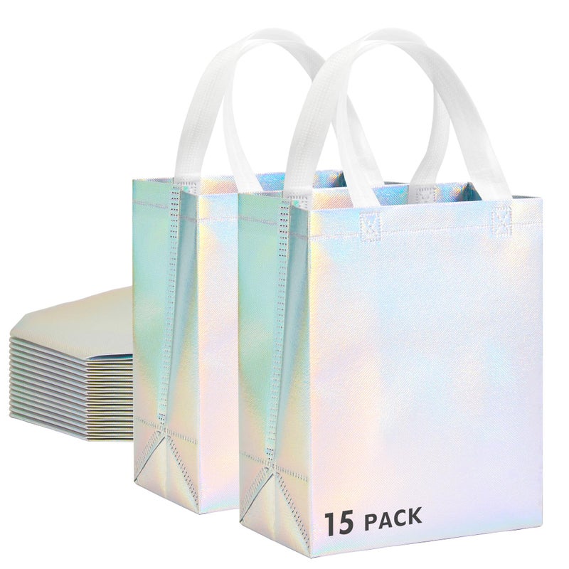 RACETOP 15 Pcs Iridescent Glossy Gift Bags Medium Size, 8x4x10 Inch Holographic Reusable Gift Bags with Handles, Ideal for Birthday, Wedding, Bachelorette, Party Favors, Holiday Goodie - Image 1
