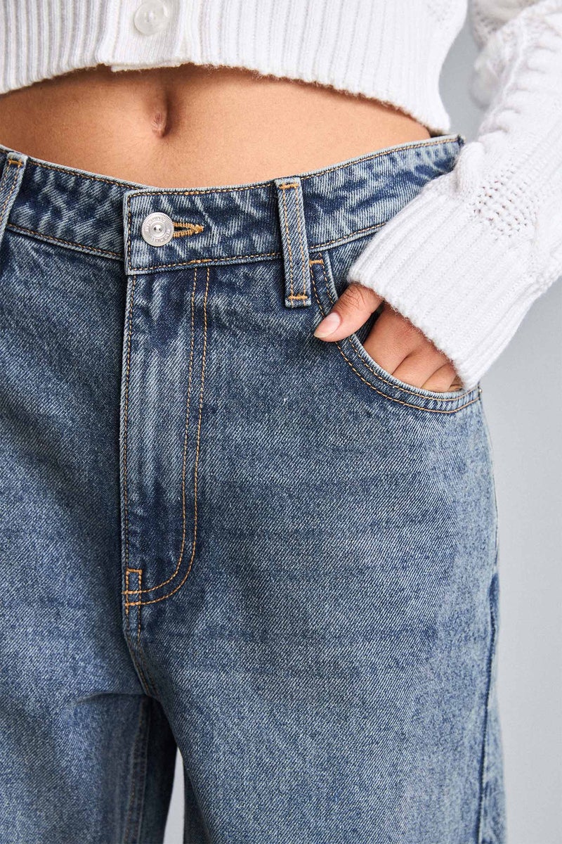 DeFacto Blue Woman High Waist Baggy Turn-Up Hem Jeans Casual - Image 4