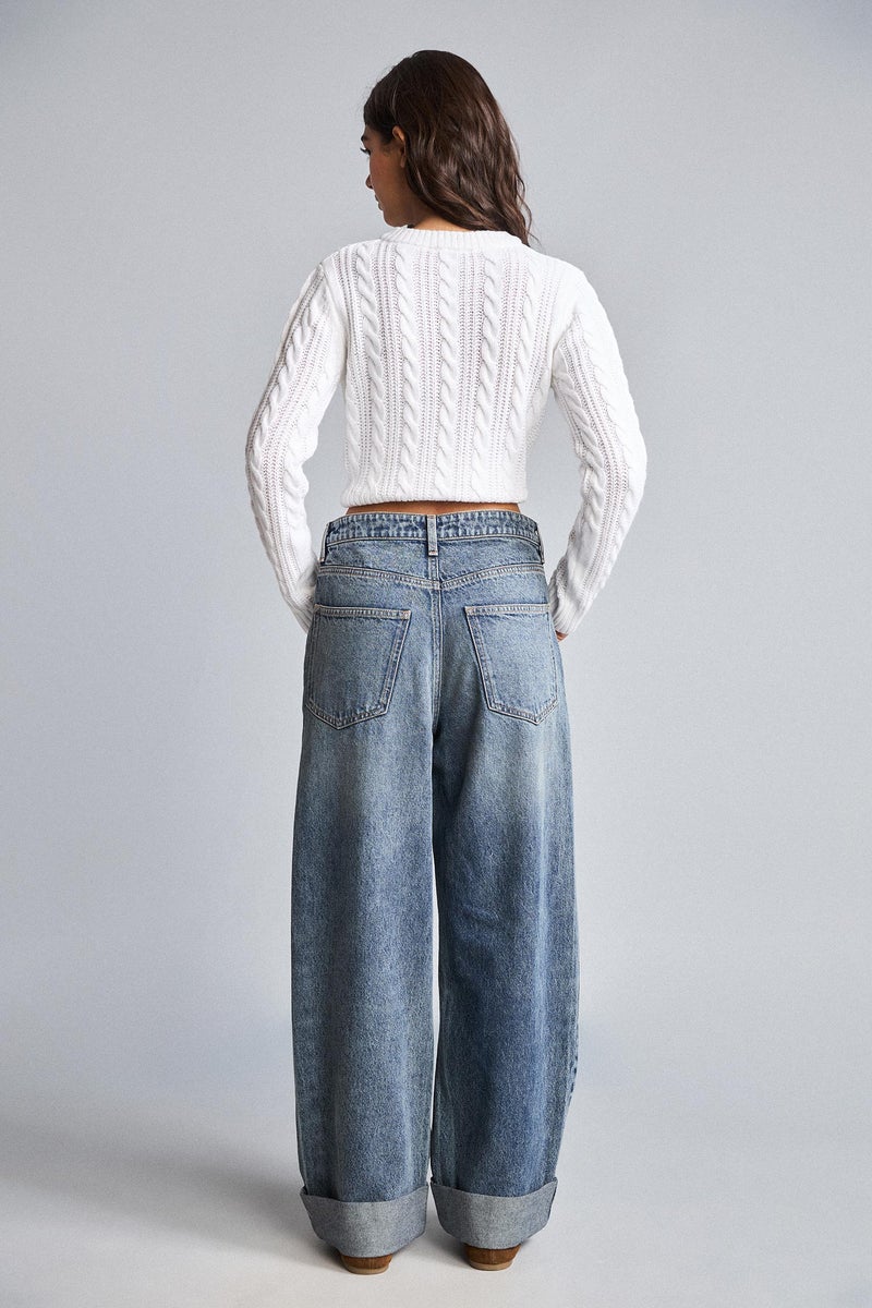 DeFacto Blue Woman High Waist Baggy Turn-Up Hem Jeans Casual - Image 5