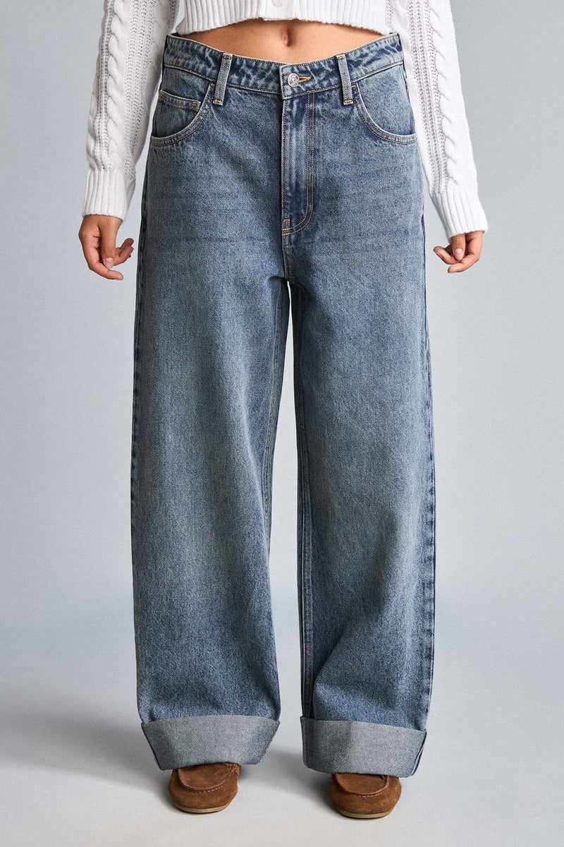 DeFacto Blue Woman High Waist Baggy Turn-Up Hem Jeans Casual - Image 3
