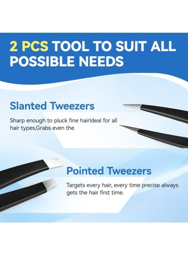 يو إي إن مجموعة مشابك حواجب احترافية مكونة من قطعتين بدقة مائلة ونقطة، من الفولاذ المقاوم للصدأ، لنتف الشعر والشعر النامي تحت الجلد وإزالة شعر الوجه، للنساء والرجال مع حقيبة جلدية (أسود) - Image 3