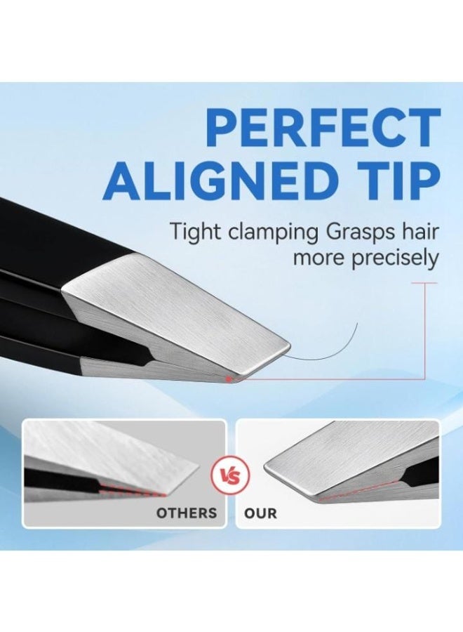 يو إي إن مجموعة مشابك حواجب احترافية مكونة من قطعتين بدقة مائلة ونقطة، من الفولاذ المقاوم للصدأ، لنتف الشعر والشعر النامي تحت الجلد وإزالة شعر الوجه، للنساء والرجال مع حقيبة جلدية (أسود) - Image 4