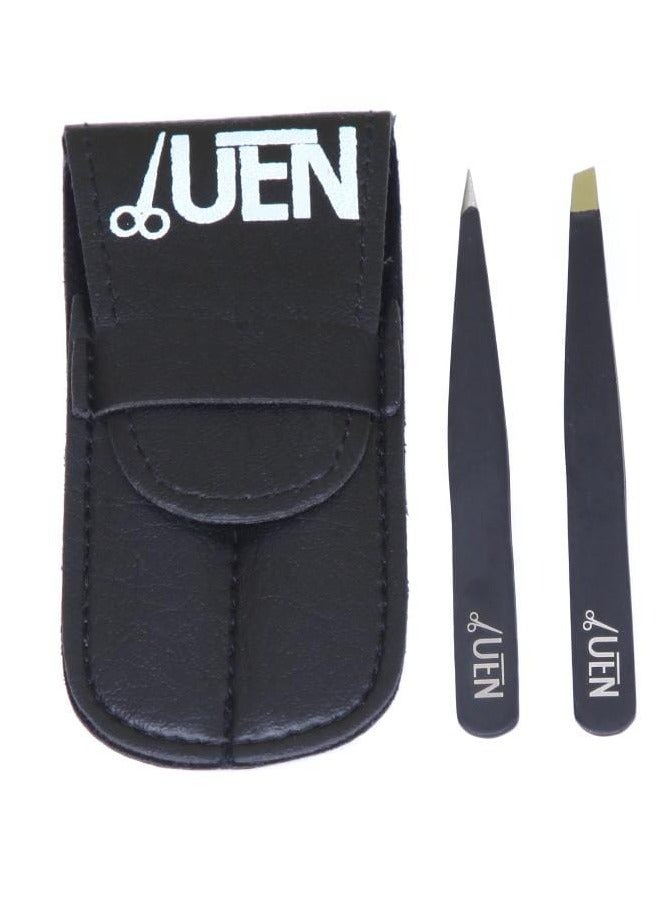 يو إي إن مجموعة مشابك حواجب احترافية مكونة من قطعتين بدقة مائلة ونقطة، من الفولاذ المقاوم للصدأ، لنتف الشعر والشعر النامي تحت الجلد وإزالة شعر الوجه، للنساء والرجال مع حقيبة جلدية (أسود) - Image 1