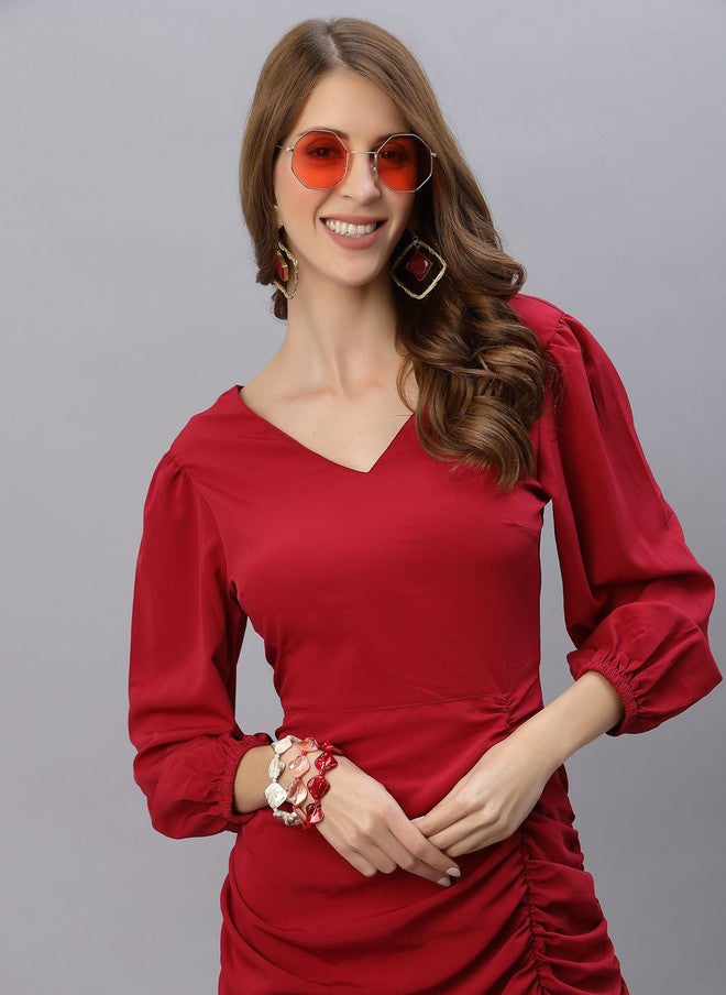 RAASSIO فستان ميدي شيت من الكريب بلون بورغندي للنساء - Image 2