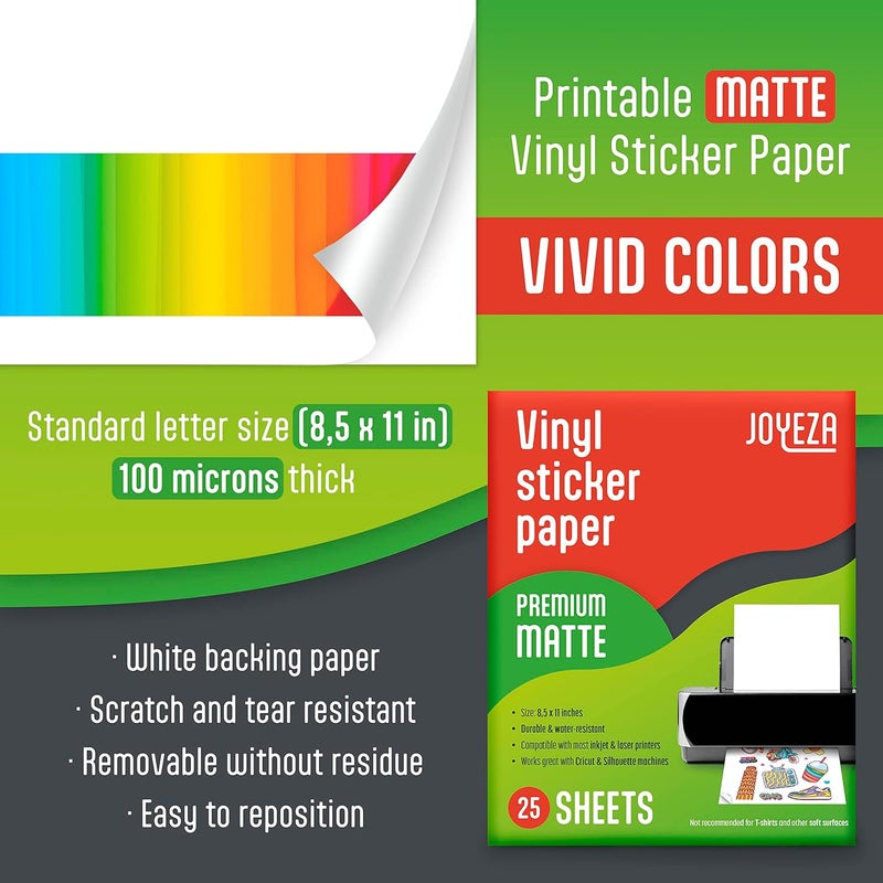 JOYEZA Premium Printable Vinyl Sticker Paper for Inkjet Printer - 25 Sheets Matte White Waterproof, Dries Quickly Vivid Colors, Holds Ink well- Tear Resistant - Inkjet & Laser Printer - Image 2