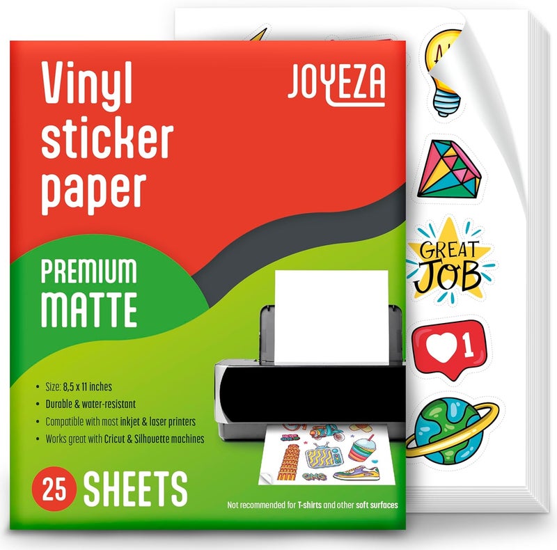 JOYEZA Premium Printable Vinyl Sticker Paper for Inkjet Printer - 25 Sheets Matte White Waterproof, Dries Quickly Vivid Colors, Holds Ink well- Tear Resistant - Inkjet & Laser Printer - Image 1