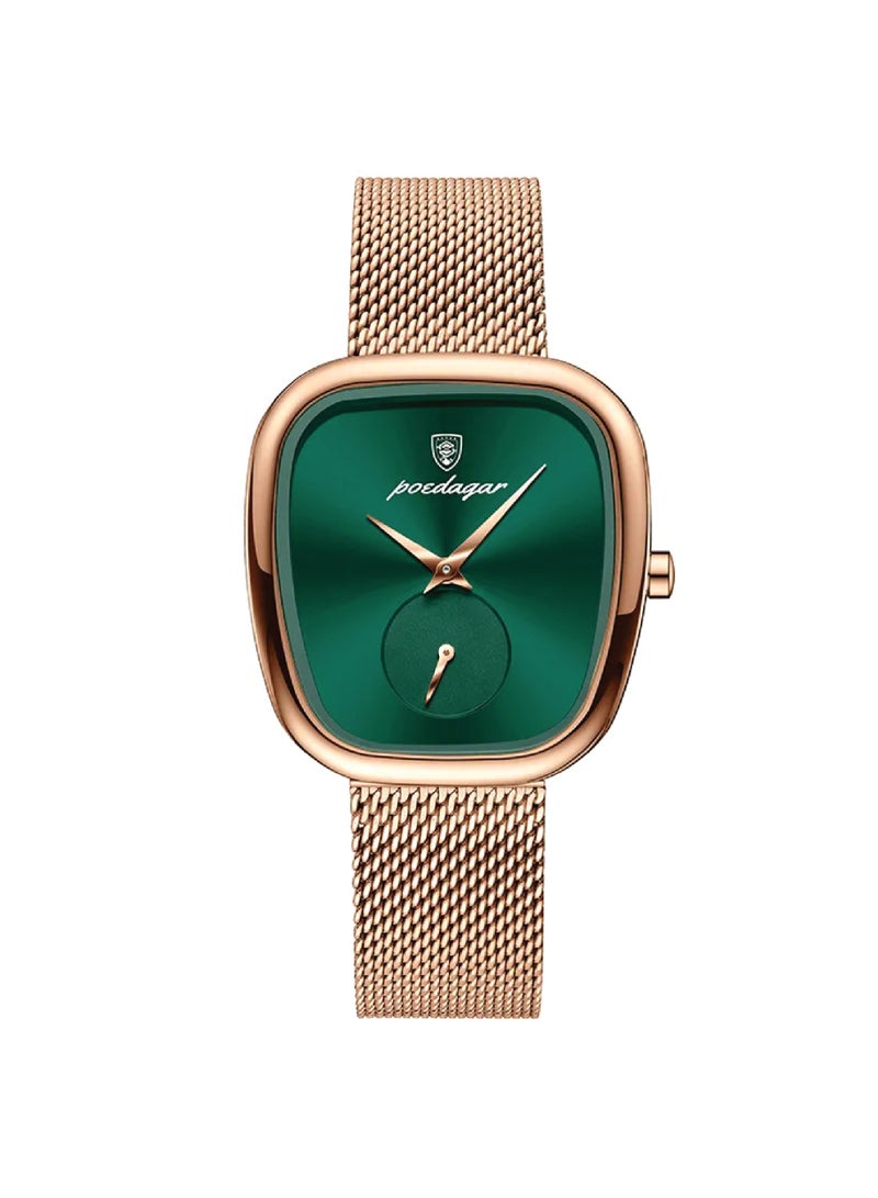 POEDAGAR ساعة كوارتز نسائية - حزام شبكي وردي ذهبي، قرص أخضر، تصميم فاخر بسيط - 783 - Image 1